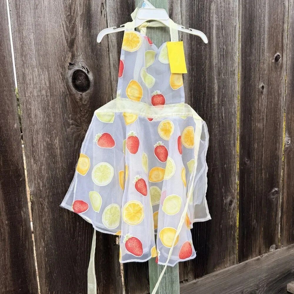 NWT PartyGirlAprons Sheer Fruit Print Hostess Apron Strawberry Lemon Citrus OS